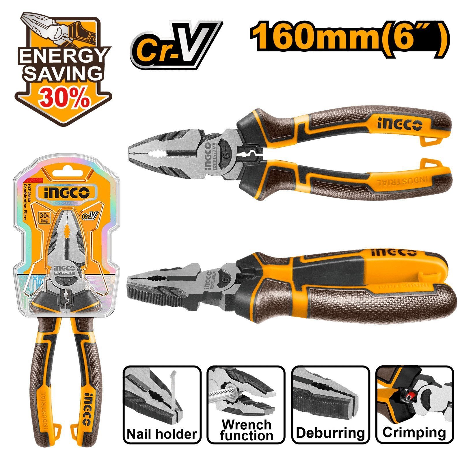 Alicate Universal Profesional INGCO 160mm (6") – 30% Más de Fuerza – Acero CR-V en Lalín, Pontevedra