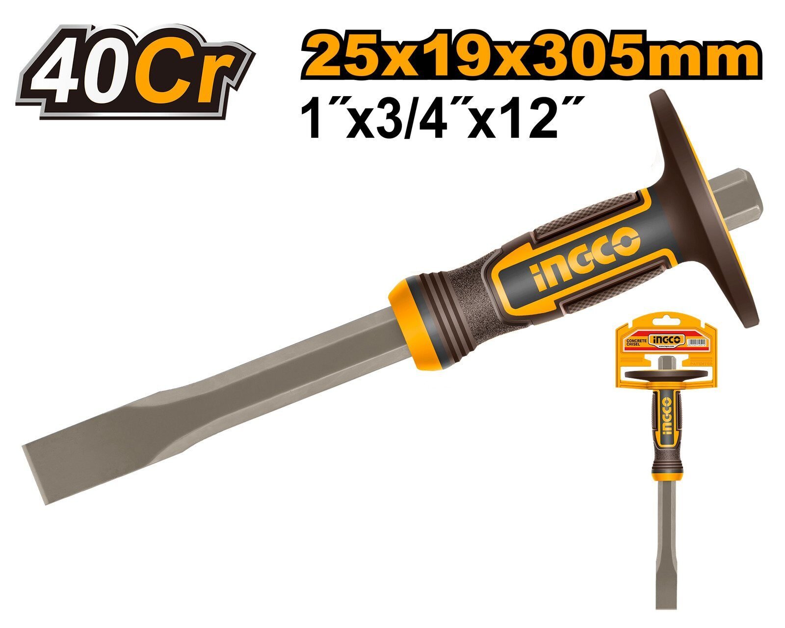 Foto 2 de Cincel de Albañil Profesional INGCO 25mm – Acero 40Cr – Mango Ergonómico
