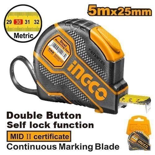 Foto 2 de Flexómetro Profesional INGCO 5m x 25mm – Autobloqueo y Carcasa de Goma