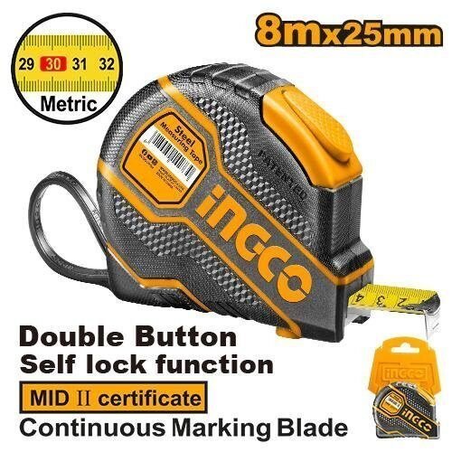 Foto 2 de Flexómetro Profesional INGCO 8m x 25mm – Autobloqueo y Carcasa de Goma