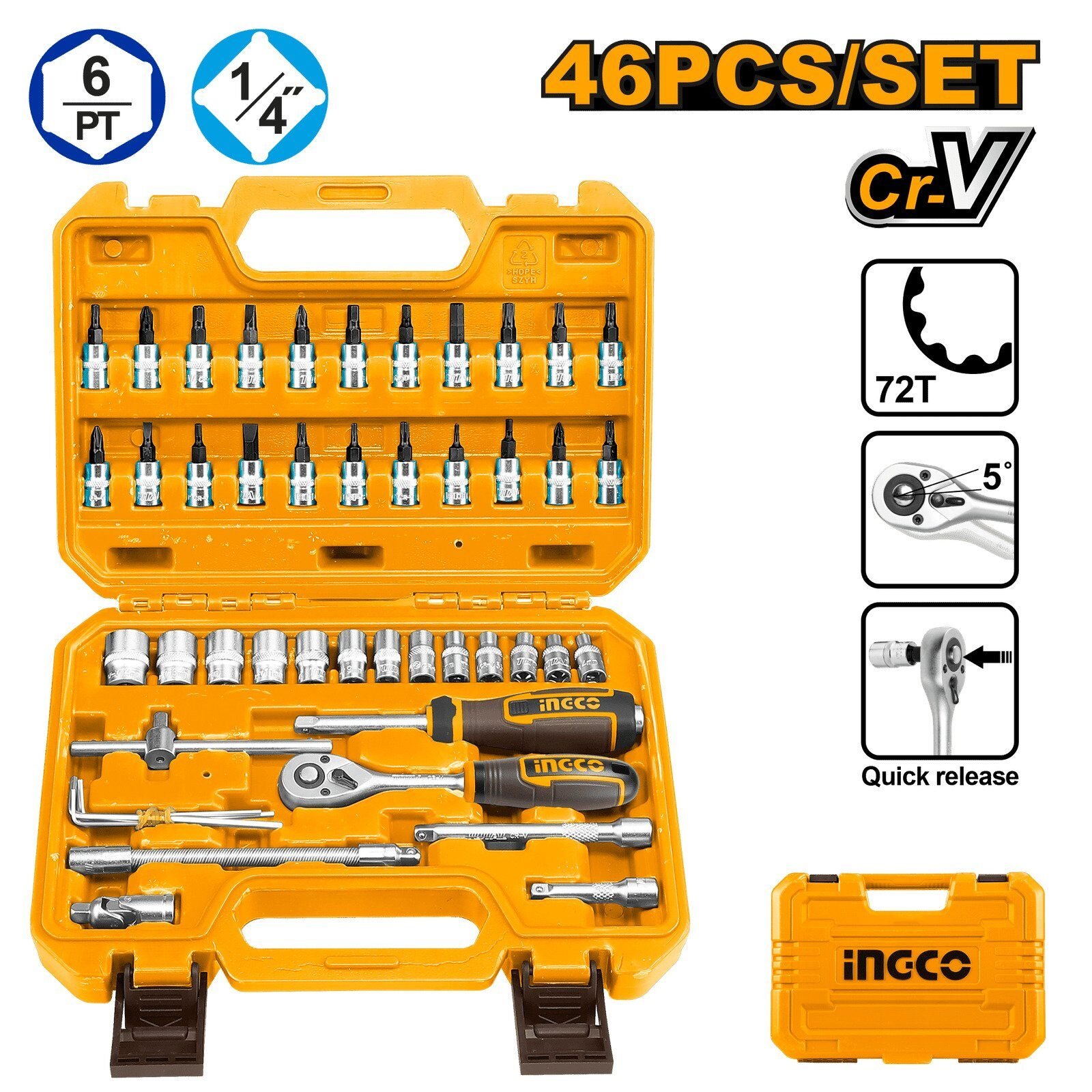 Foto 2 de Maletín de Herramientas 45 Pcs 1/4″ INGCO – Kit Completo de Vasos y Puntas