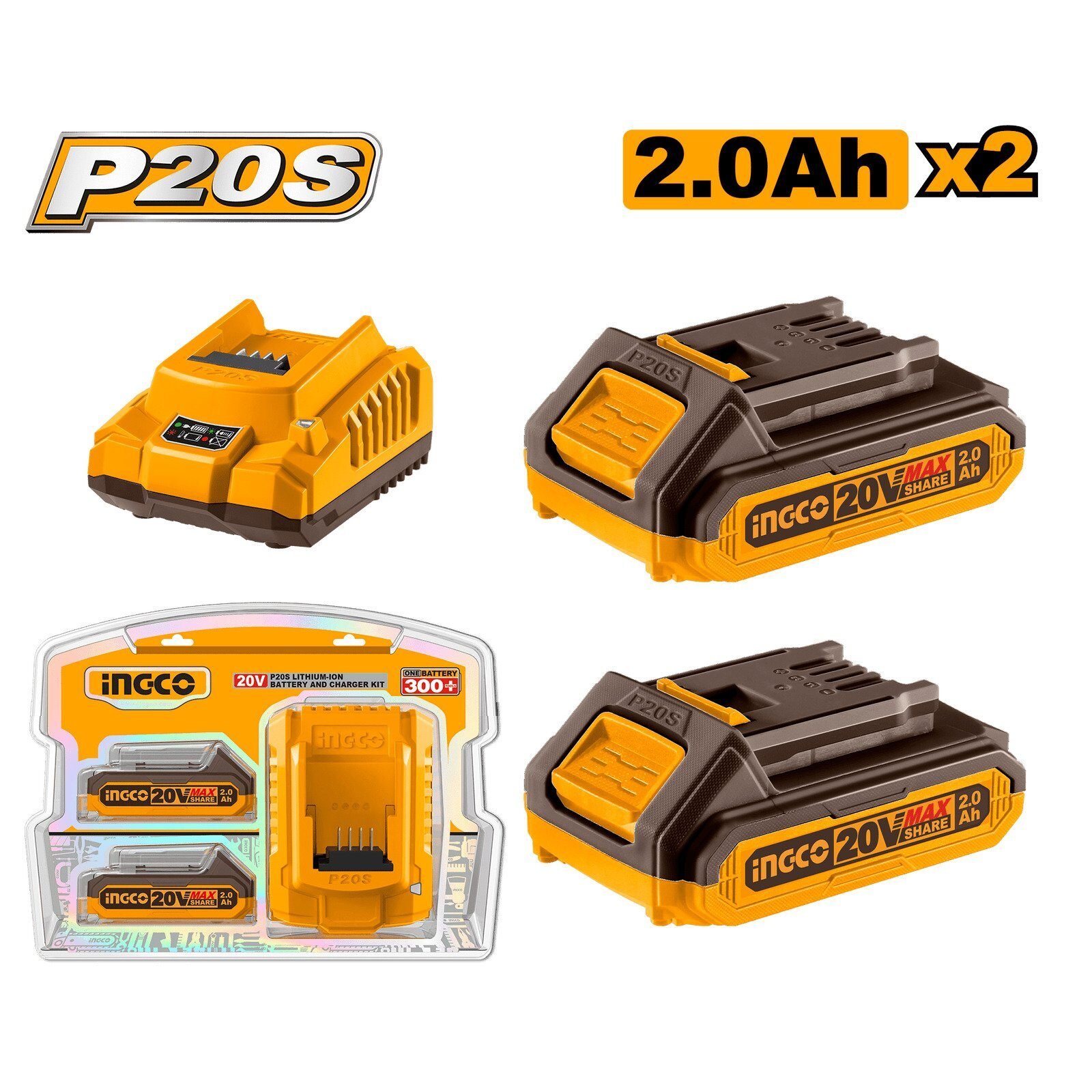 Pack de Energía INGCO 20V: 2 Baterías 2.0 Ah + Cargador Rápido – Sistema P20S en Lalín, Pontevedra